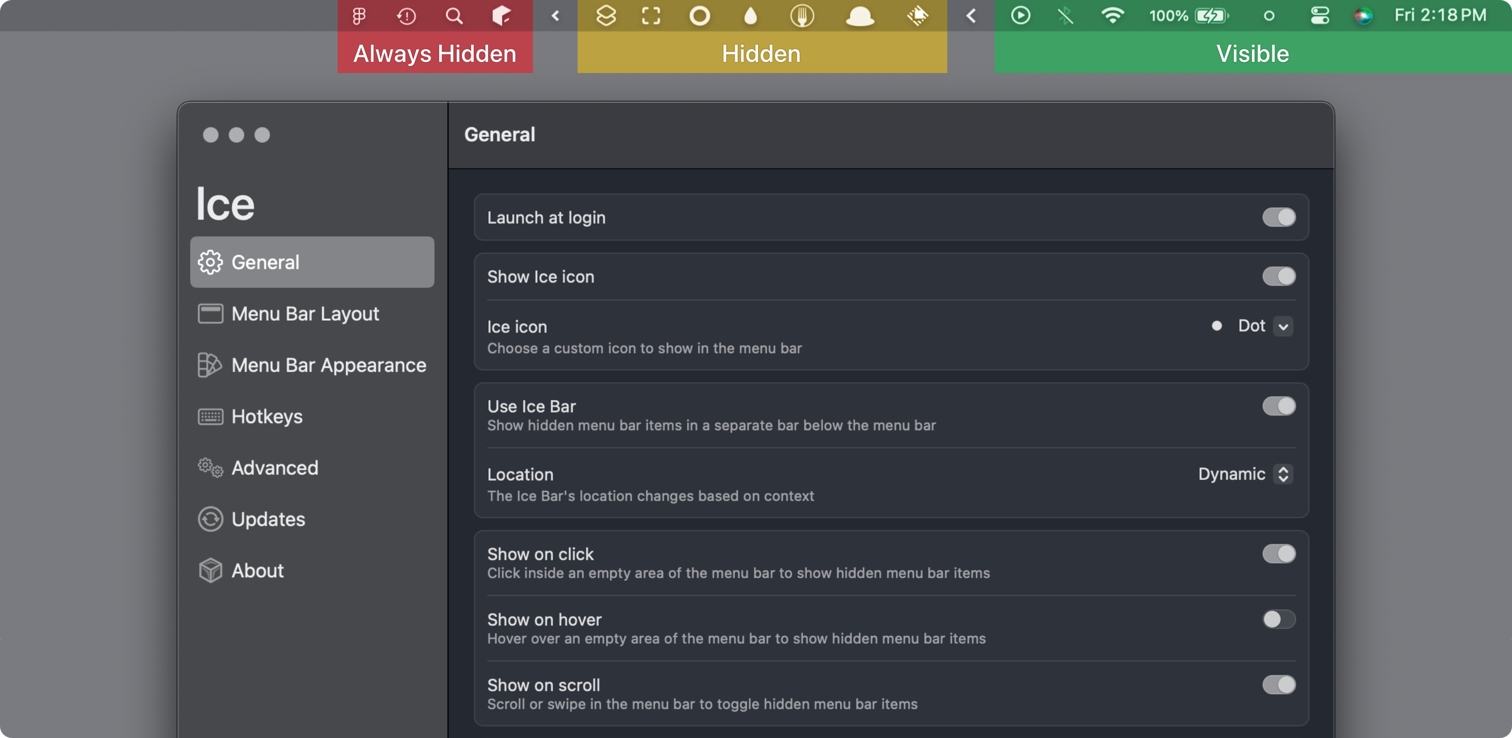 Ice transforms your cluttered macOS menu bar into a clean, organized workspace with smart hiding, drag-and-drop arrangement, and gorgeous visual customization - all free and open source.