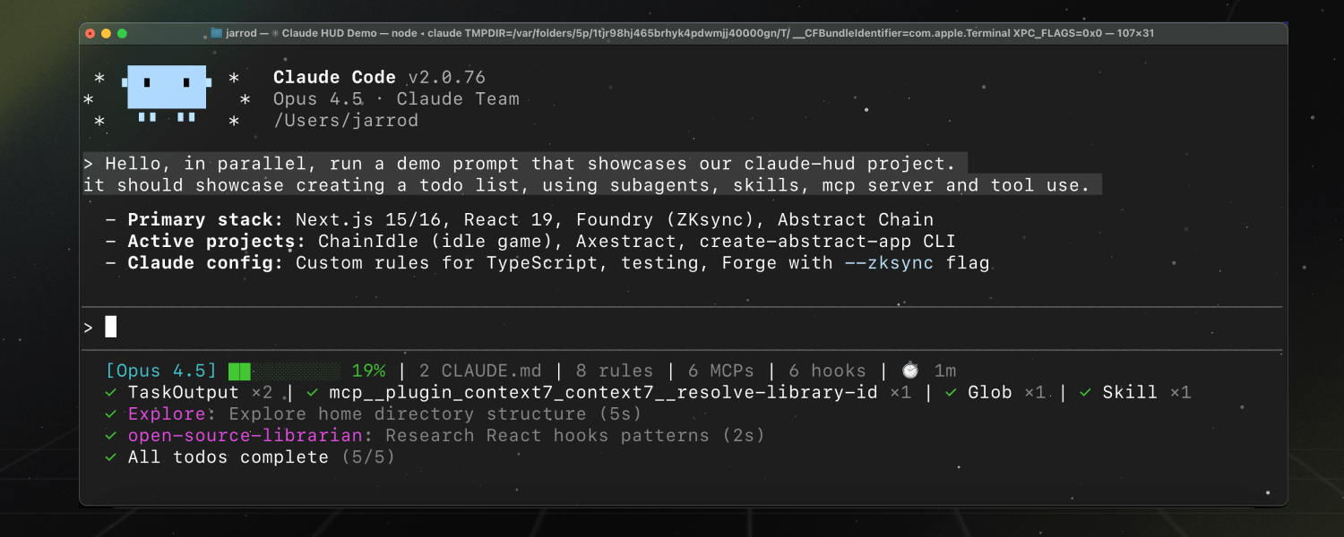 Real-time HUD for Claude Code showing context usage, active tools, running agents, and todo progress—all in your terminal statusline