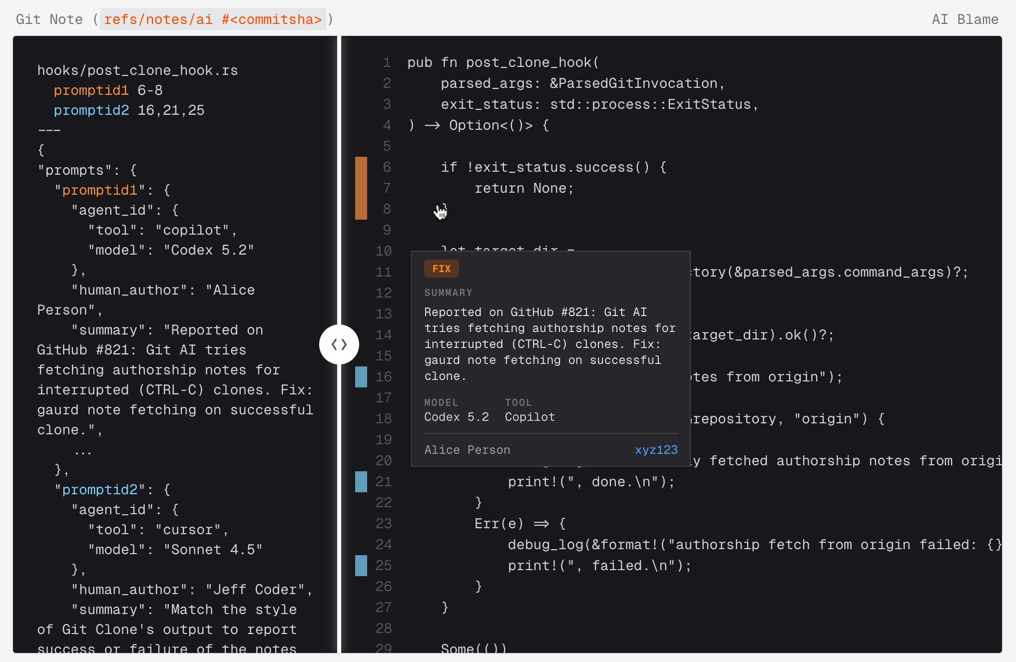 Git extension that tracks every line of AI-generated code across all coding agents (Cursor, Copilot, Claude) with vendor-agnostic attribution that survives rebases, merges, and squashes
