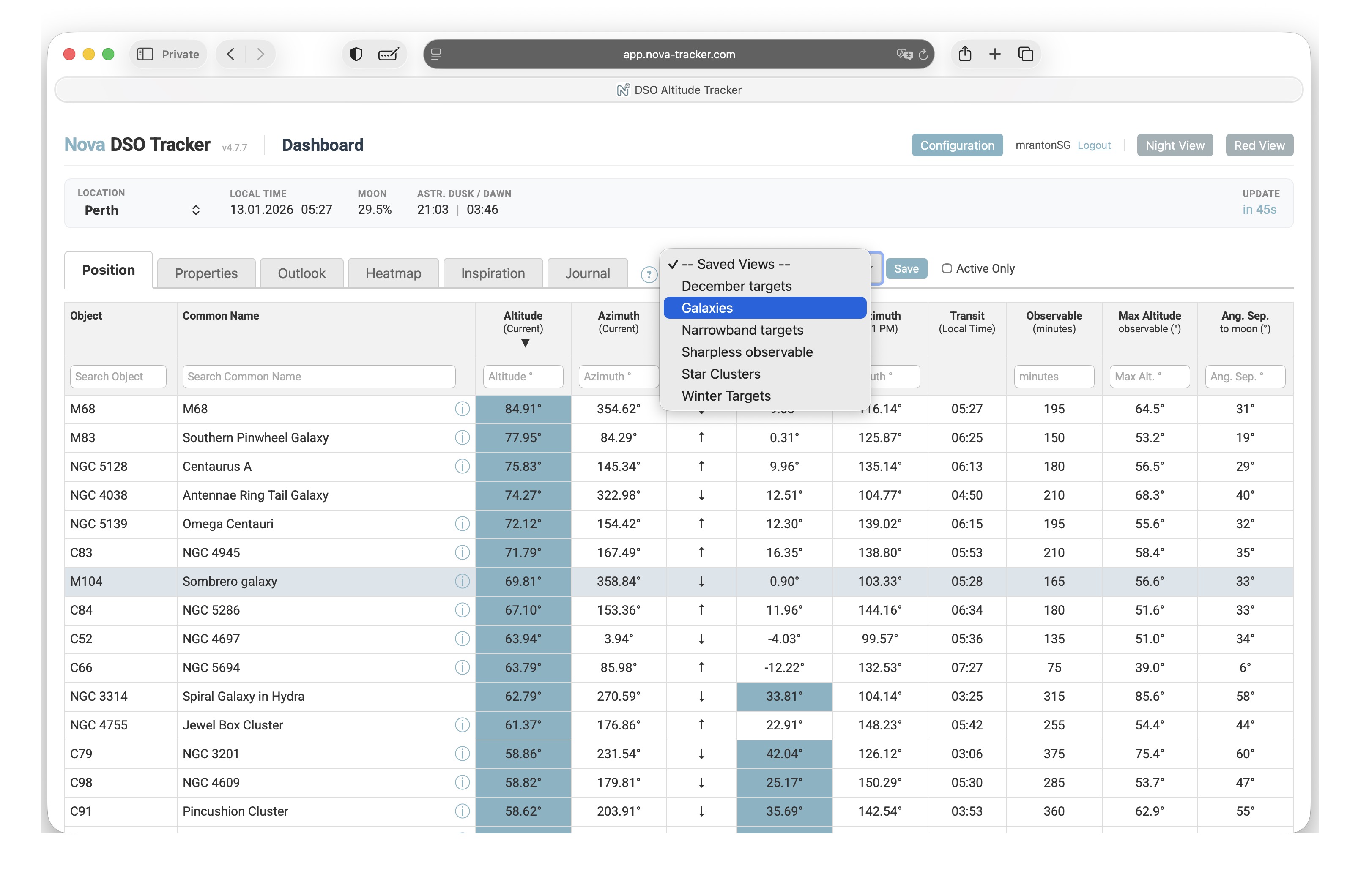 Flask-powered mission control for astrophotographers: track deep-sky objects in real-time, plan multi-panel mosaics, and optimize imaging sessions with integrated Stellarium/SIMBAD data.