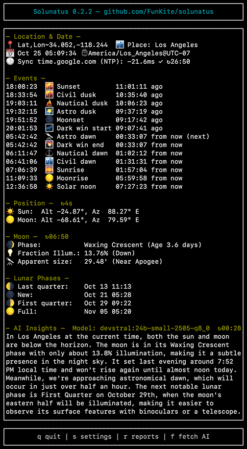Solunatus brings USNO-grade astronomical calculations to Rust developers, offering offline solar/lunar ephemeris computations spanning millennia with optional AI insights for cosmic discovery.