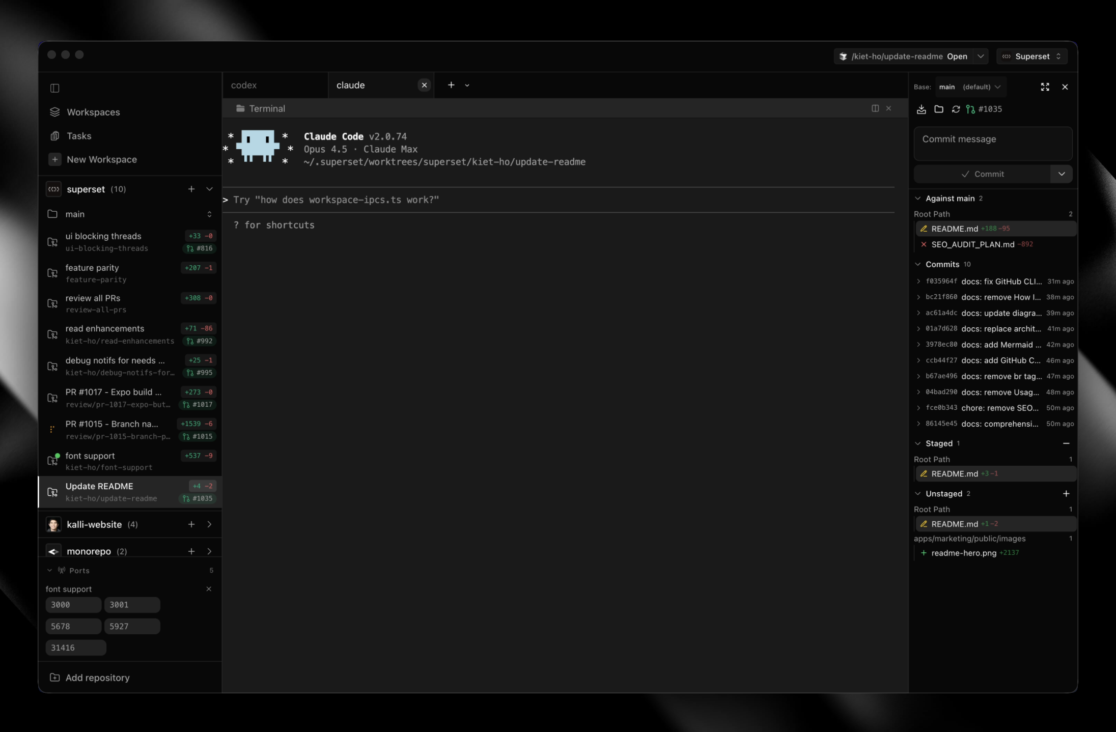 Turn your terminal into a coding agent command center - run Claude Code, Codex, and 10+ AI agents simultaneously with git worktree isolation and built-in diff review