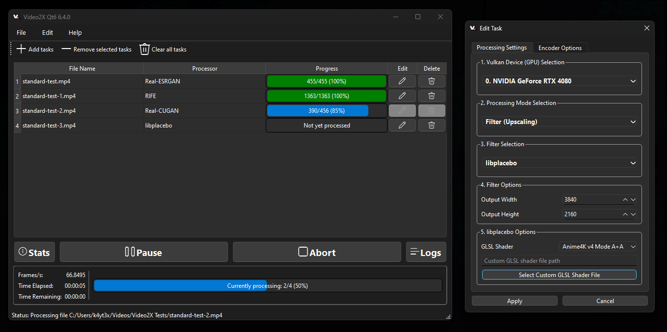 Turn your potato-quality videos into crisp HD masterpieces using ML upscaling and frame interpolation. Complete C++ rewrite delivers blazing performance with Real-ESRGAN, RIFE, and Anime4K support.